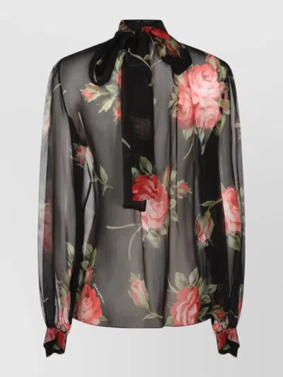 Dolce & Gabbana High Neck Sheer Top Floral Bow Detail In Black