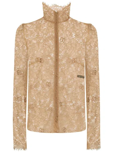 Dolce & Gabbana High Neck Slim Fit Blouse In Beige