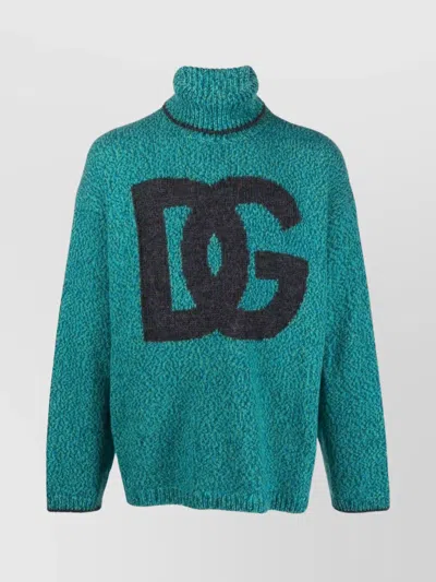 Dolce & Gabbana Intarsia Knit Dg Logo High-neck Sweater In Green