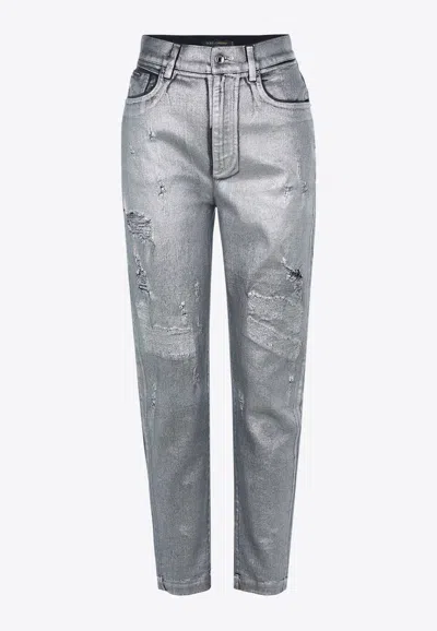 Dolce & Gabbana High-waist Distressed Metallic Jeans In Silver