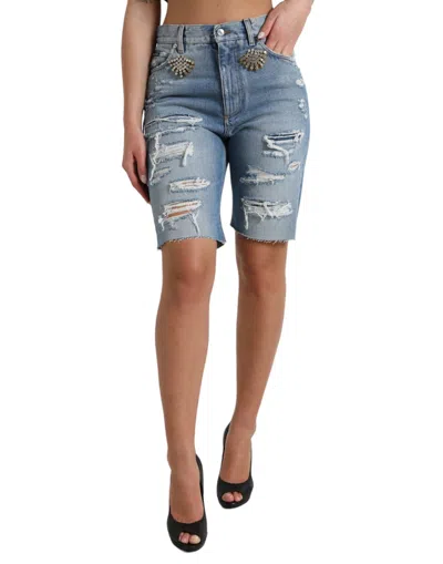 Dolce & Gabbana Distressed Embellished Denim Bermuda Shorts In Brown