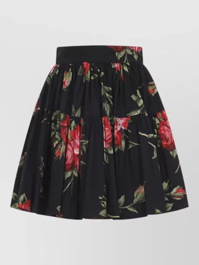 Dolce & Gabbana Mini Skirt With Rose Bouquet Print And Peplum Detail, Size 40 In Black