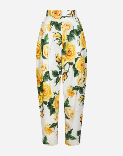 Dolce & Gabbana High-waisted Cotton Pants With Yellow Rose Print