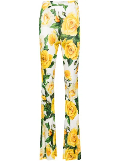Dolce & Gabbana High-waisted Floral Print Trousers In White For Women