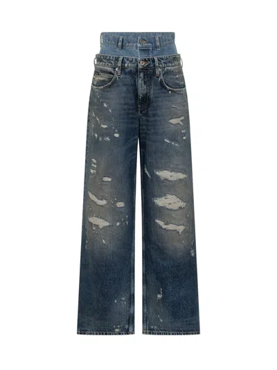 Dolce & Gabbana High-waisted Distressed Jeans With Double Effect In Blue