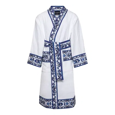 Dolce & Gabbana Hite Bathrobe With Blue Edges Home In White