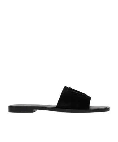 Dolce & Gabbana Embellished Leather Slide Slippers In Black
