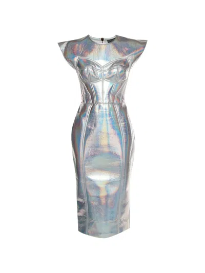 Pre-owned Dolce & Gabbana Holographic Bustier Midi Dress In Silver