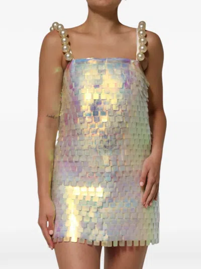 Dolce & Gabbana Sequin Holographic Mini Dress Pearl Straps In Multi