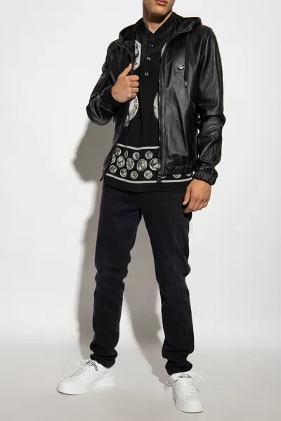 Dolce & Gabbana Leather Jacket With Hood And Branded Tag In Black