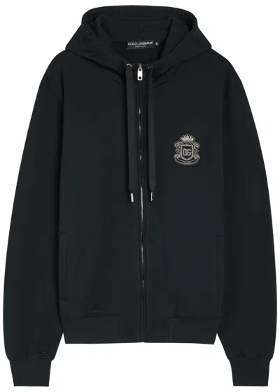 Dolce & Gabbana Hooded Logo-embroidered Cotton Sweatshirt In Navy