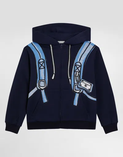 Dolce & Gabbana Hooded Sweatshirt With Dg Backpack Print In Black