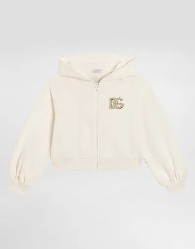 Dolce & Gabbana Kids' Hooded Sweatshirt With Dg Embroidery And Rhinestones In White
