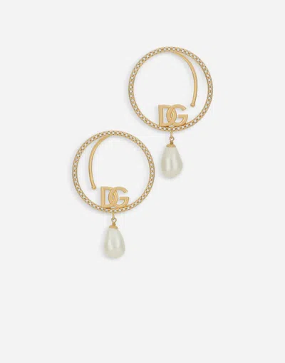 Dolce & Gabbana Hoop Earrings With Dg Logo And Pearls In Gold