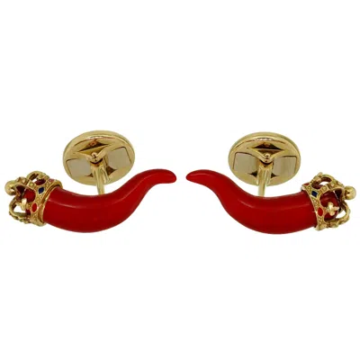 Pre-owned Dolce & Gabbana Horn Amulet Crown Red Enamel Ruby 18k Gold Small Cufflinks