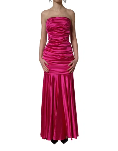Dolce & Gabbana Hot Pink Ruched Satin Strapless Gown Dress In Multi