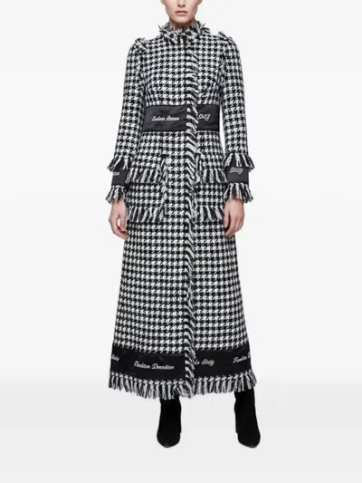 Pre-owned Dolce & Gabbana Houndstooth Fringed Coat In Black