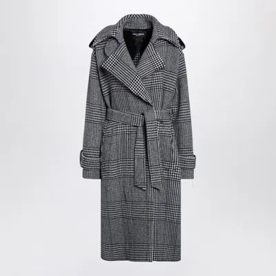 Dolce & Gabbana Houndstooth Wool Checked Coat In Grey