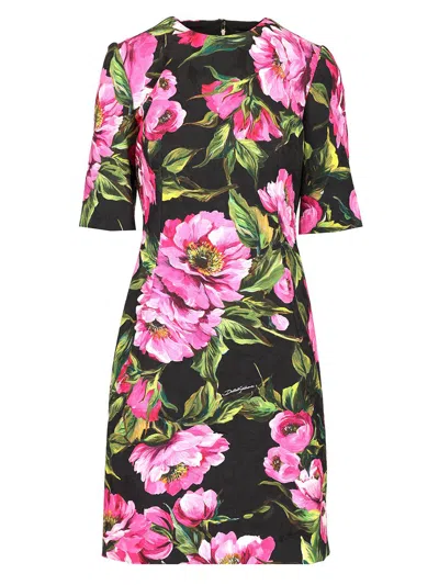 Dolce & Gabbana Black Floral Cotton Dress With Peonies