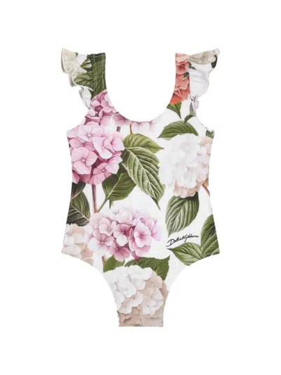 Dolce & Gabbana Babies' Hydrangea-print One-piece Swimsuit In White