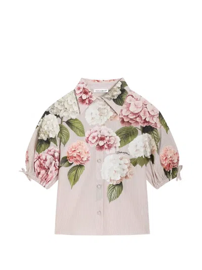 Dolce & Gabbana Kids' Hydrangea-print Striped Poplin Shirt In Pink