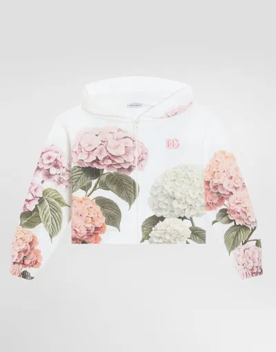 Dolce & Gabbana Kids' Hydrangea-print Hooded Sweatshirt With Patch In White