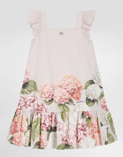 DOLCE & GABBANA HYDRANGEA-PRINT STRIPED COTTON CANVAS DRESS