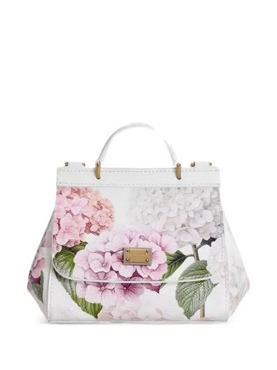 Dolce & Gabbana Kids' Hydrangeas-print Dauphine Calfskin Sicily Handbag In White