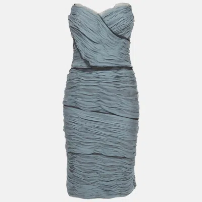 Pre-owned Dolce & Gabbana Ice Blue Silk Ruched Strapless Dress M