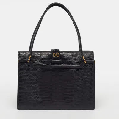 Pre-owned Dolce & Gabbana Ingrid Small Black Lizard Embossed Leather Bag