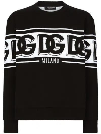 Dolce & Gabbana Men Black Crewneck Sweater With Dg Motif In Wool Blend Man