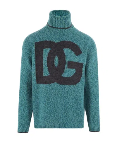 Dolce & Gabbana Intarsia Knit Dg Logo High-neck Sweater In Green