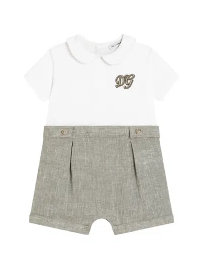 Dolce & Gabbana Babies' Interlock And Linen Romper With Dg Embroidery In White
