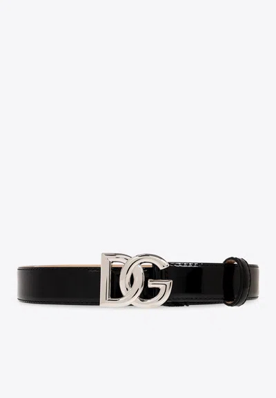 Dolce & Gabbana Interlock Logo Patent Leather Belt In Black
