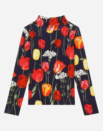 Dolce & Gabbana Interlock Mock Turtle-neck With Tulip Print In Blue