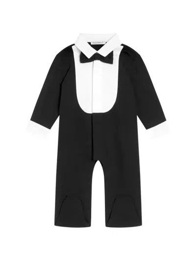 Dolce & Gabbana Babies' Interlock Romper With Embroidered Bow Tie In Black