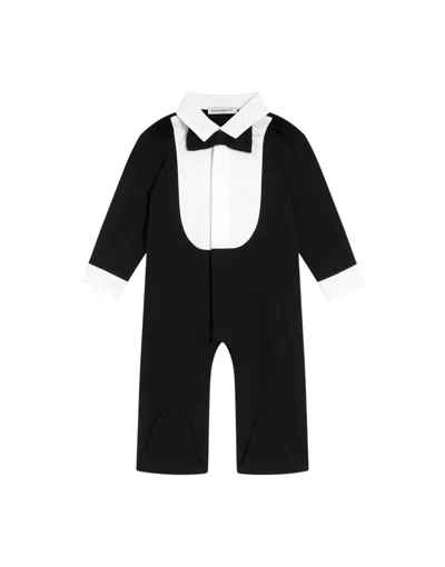 Dolce & Gabbana Interlock Romper With Embroidered Bow Tie In Black