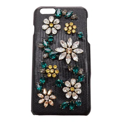 Pre-owned Dolce & Gabbana Dolce Gabbana Iphone 6 Black Leather Yellow Green Rhinestone Crystal Cover Case