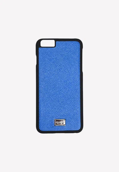 Dolce & Gabbana Iphone 6 Plus Logo Plate Cover In Dauphine Leather In Blue
