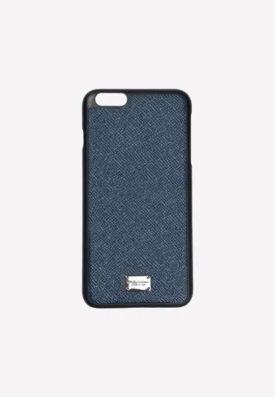 Dolce & Gabbana Iphone 6 Plus Logo Plate Cover In Dauphine Leather In Navy