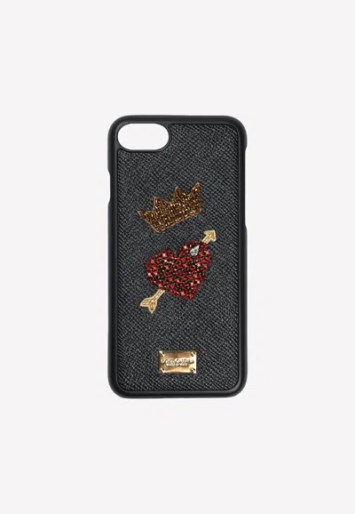 Dolce & Gabbana Iphone 7 Embroidered Cover In Grained Leather In Black