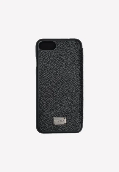 Dolce & Gabbana Iphone 7 Flip Cover In Dauphine Leather In Black