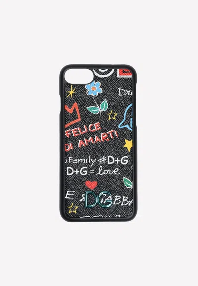 Dolce & Gabbana Iphone 7 Graffiti Print Cover In Dauphine Leather In Black