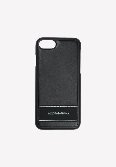 Dolce & Gabbana Iphone 7 Logo Label Cover In Calf Leather In Black