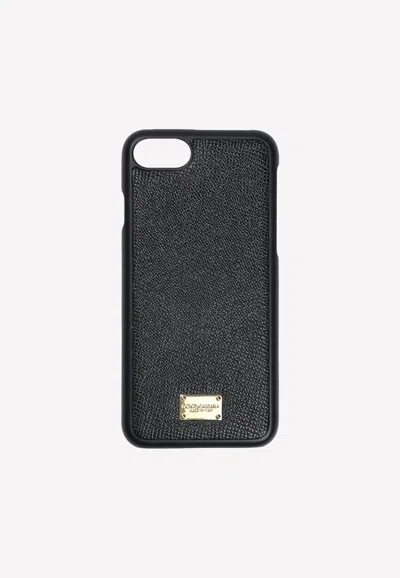 Dolce & Gabbana Iphone 7 Logo Plate Cover In Grained Leather In Black
