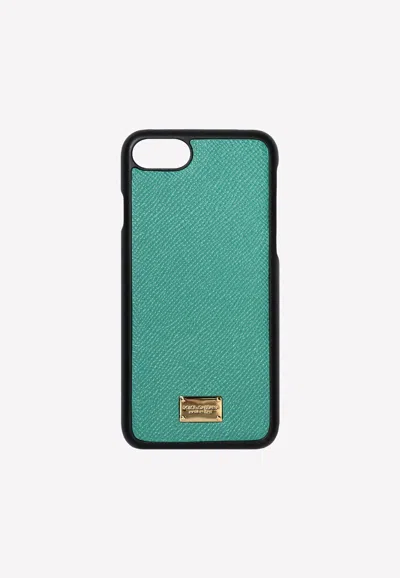 Dolce & Gabbana Iphone 7 Logo Plate Cover In Grained Leather In Green