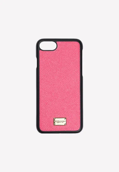 Dolce & Gabbana Iphone 7 Logo Plate Cover In Grained Leather In Hot Pink