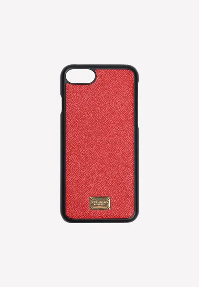 Dolce & Gabbana Iphone 7 Logo Plate Cover In Grained Leather In Red