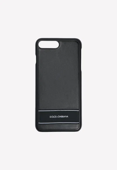 Dolce & Gabbana Iphone 7 Plus Logo Tape Cover In Calf Leather In Black