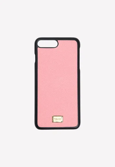 Dolce & Gabbana Iphone 8 Plus Logo Plate Cover In Grained Leather In Pink